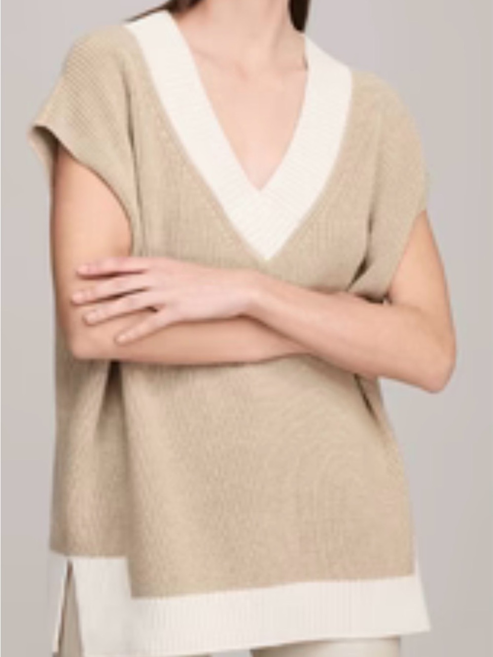 ANR+ Beige Knit V-Neck Sweater Vest with White Trim